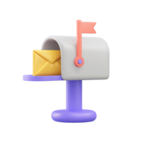 3D mailbox with envelope and flag up indicating incoming mail or messages. Ideal for email notifications and communication interface designs. png