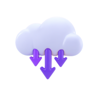 White 3D cloud with multiple purple downward arrows for data download from cloud storage. Suited for file transfer and software updates. png