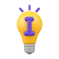 Glowing yellow 3D lightbulb with purple I symbolizing information ideas or insights. Excellent for help sections and knowledge resources. png