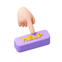 Hand pointing at purple HELP button a 3D rendered icon for user interface click action requesting customer support or seeking urgent assistance online png
