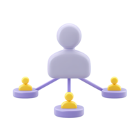 3D icon of central figure connected to smaller ones depicting network hierarchy and structure. Great for team leadership and collaboration. png