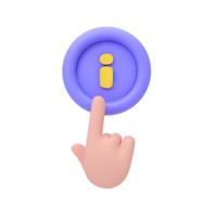 Hand pointing at information i button a 3D rendered icon for clicking to get help details online query or user interface info access png