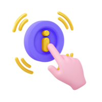 Hand touching information i button with action waves a 3D rendered icon for interactive help tapping for details or activating info png