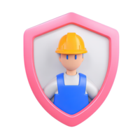 3D construction worker in overalls and hard hat, featured on a pink-bordered shield. For worker safety and site security. Isolated rendered graphic for PPE awareness. png