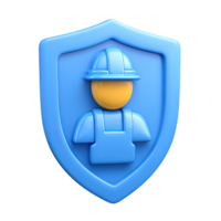 3D construction worker in blue overalls and hard hat, displayed on a blue shield. Symbolizing worker safety and job site protection. Isolated rendered graphic for PPE concepts. png