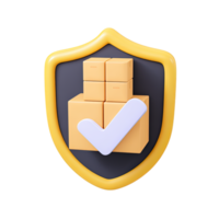 Black 3D shield with stacked boxes and a checkmark, for secure shipping and protected cargo. Isolated rendered graphic for verified delivery and logistics safety concepts. png