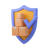 3D shield with stacked cardboard boxes and a checkmark, for secure delivery and package protection. Isolated rendered graphic for shipping insurance and verified logistics. png