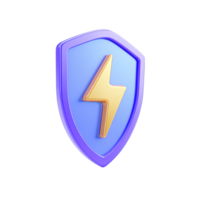 Purple 3D shield with a yellow lightning bolt, symbolizing an energy shield, power protection, or electrical safety. Isolated rendered graphic for secure energy concepts. png