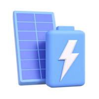 3D solar panels alongside a battery with a lightning symbol,representing a solar power array with storage. Isolated rendered graphic for renewable energy and green electricity. png