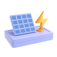 3D solar panel on a base with an adjacent battery and lightning symbol, for solar energy systems. Isolated rendered graphic for renewable power and off grid storage. png