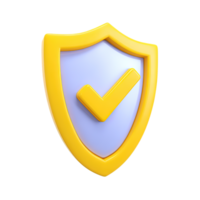 Yellow 3D shield with a white checkmark, symbolizing verification, approval, or safety confirmation. Isolated rendered graphic for security checks and positive validation concepts. png