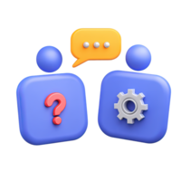 3D icon Two abstract people, one with a question mark, other with a gear, and speech bubbles, symbolizing QA, technical support, or problem solving. Isolated. png