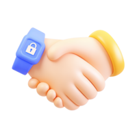 3D icon Handshake with one hand wearing a blue smartwatch displaying a lock icon, symbolizing a secure agreement, trusted partnership, or smart contract. Isolated. png