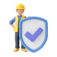 3D icon Worker in a hard hat standing confidently behind a large shield with a checkmark, symbolizing worker protection, safety approval, or secure job. Isolated. png