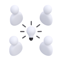 3D icon Yellow lightbulb at the center of a network of white abstract people icons, representing networked ideas, shared innovation, or collective intelligence. Isolated. png