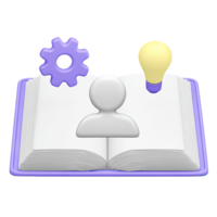 3D icon Open book displaying a person icon, gear, and lightbulb, symbolizing learning, knowledge acquisition, innovative ideas, and educational process. Isolated. png