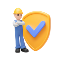 3D icon Worker in a hard hat holding a large shield with a checkmark, indicating safety certification, worker security, or approved protective measures. Isolated. png