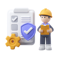3D icon Worker in hard hat with clipboard, gear, and shield with checkmark, representing safety compliance, secure industrial operations, or validated work. Isolated. png