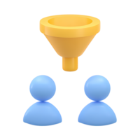 3D icon Yellow funnel with two blue abstract people icons below, representing lead generation, sales funnel process, customer acquisition, or data filtering. Isolated. png