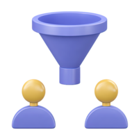 3D icon Blue funnel with three yellow abstract people icons positioned below, symbolizing a marketing funnel, candidate selection, or data segmentation process. Isolated. png