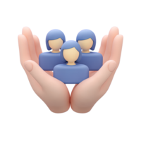 3D icon Hands holding a circular arrangement of blue abstract people icons, symbolizing team unity, community circle, or collaborative group support. Isolated. png
