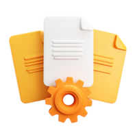 3D icon Orange gear interacting with stacked orange paper documents, symbolizing document processing, workflow automation, or an efficient file management system. Isolated. png