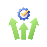 3D icon Blue gear with a checkmark and three green upward arrows, representing system optimization, approved growth, or an efficient, improving process. Isolated. png