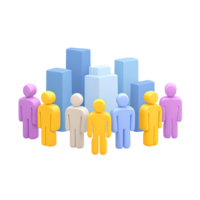 3D icon Diverse group of abstract people figures standing before city like blocks, symbolizing urban community, diverse population, or societal structure. Isolated. png