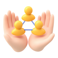 3D icon Hands gently holding a networked structure of yellow abstract people icons, representing network support, community connections, or organizational care. Isolated. png
