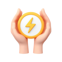 3D icon Hands cupped, holding an orange circle with a yellow lightning bolt, symbolizing holding energy, power control, or presenting a dynamic idea. Isolated. png
