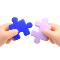 3D icon Two hands holding connecting blue and pink puzzle pieces, symbolizing problem solving, teamwork, partnership, connection, or finding a solution. Isolated. png