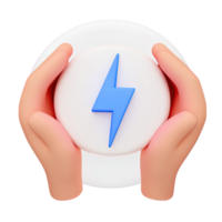 3D icon Hands gently holding a white circle with a blue lightning bolt, representing presenting clean energy, an innovative power solution, or technology. Isolated. png