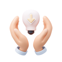3D icon Hands holding a lightbulb with a downward arrow, symbolizing a dimming idea, power down, reduced innovation, or an energy saving concept. Isolated. png