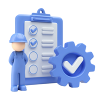 3D icon Worker with clipboard checklist, and a large gear with a checkmark, symbolizing quality control, approved task completion, or system validation. Isolated. png