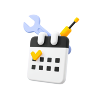 3D calendar with wrench and screwdriver for scheduled maintenance and repair appointment Isolated rendered graphic for technical service planning and task management png