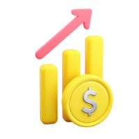 Dynamic 3D bar chart with upward arrow dollar coin and money bag illustrating financial growth Isolated rendered graphic for successful investments and wealth building concepts png