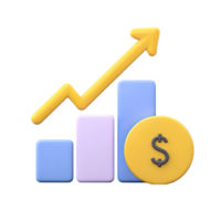 3D bar chart with upward yellow arrow dollar coin and money bag symbolizing financial growth and savings Isolated rendered graphic for profitable investments and wealth accumulation png