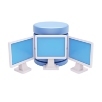 3D icon three computer monitors around server database stack for data center network hosting Isolated rendered graphic for IT infrastructure and information tech png