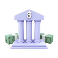 Classic 3D bank building icon with columns and green money bills representing finance savings or investment Isolated rendered graphic for wealth management and economic concepts png
