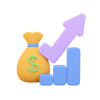 3D bar chart with rising arrow checkmark and money bag symbolizing successful financial outcomes and investment Isolated rendered graphic for profitable growth and positive results png