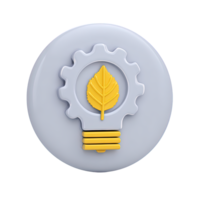 3D lightbulb with green leaf framed by gear for innovation in sustainable tech and eco-friendly process Isolated rendered graphic for green energy solution png