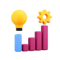 3D bar chart with glowing lightbulb and gear representing innovative ideas and strategic development Isolated rendered graphic for business progress and project growth concepts png
