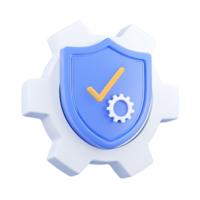 3D shield with checkmark and gear in larger gear for robust security approved protection Isolated rendered graphic for verified safety settings and tech png