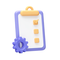 3D clipboard with checklist and purple gear for task management settings or project workflow config Isolated rendered graphic for process optimization planning png