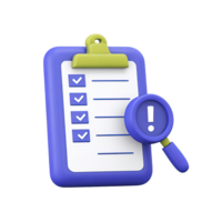 Purple 3D clipboard checklist magnifying glass exclamation for critical review or issue detection in audit Isolated rendered graphic for urgent task alert and problem png