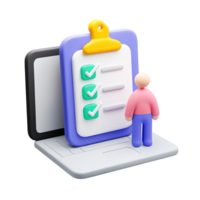 3D laptop with clipboard checklist person icon for online survey digital form remote task management Isolated rendered graphic for user feedback collection png