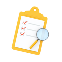 Yellow 3D clipboard checklist red checks magnifying glass for audit or inspection finding error Isolated rendered graphic for review of problematic document png