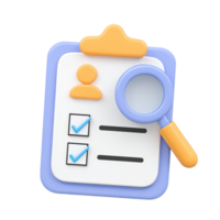 Blue 3D clipboard checklist person icon magnifying glass for HR candidate screen employee review Isolated rendered graphic for customer data analysis task png