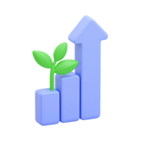 Blue 3D bar chart with upward arrow and green leaves representing business growth and development Isolated rendered graphic for flourishing investments and positive trends png