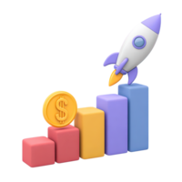 3D bar chart with ascending bars gold dollar coin and rocket illustrating financial growth and investment Isolated rendered graphic for business expansion and success concepts png